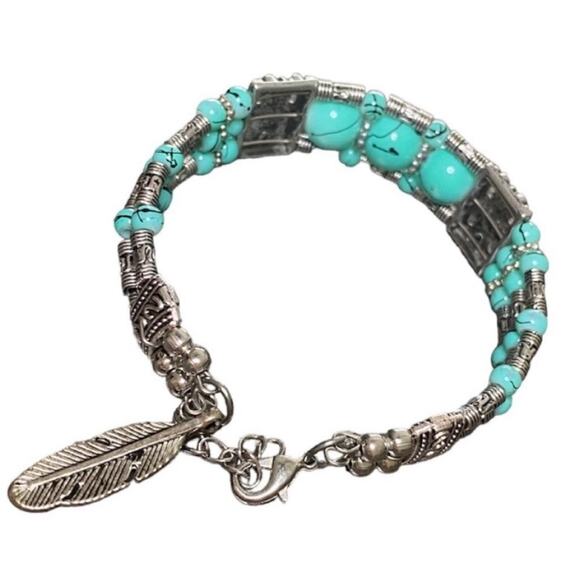 Turquoise Glass Bead Three Strand Silver Tone Bracelet - Picture 3 of 3